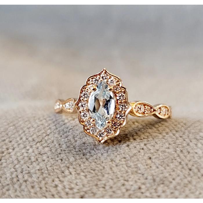 Vintage Markiz Blu Topaz Pırlantalı 14k Altın Yüzük