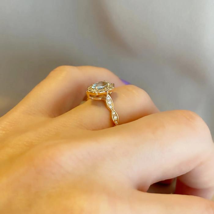 Vintage Markiz Blu Topaz Pırlantalı 14k Altın Yüzük